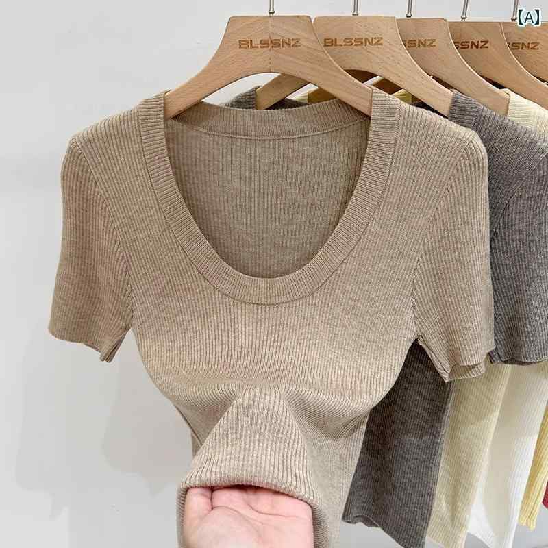 トップス 半袖 ニット 冷感の U ネック ストレート ショルダー ニット 半袖 Tシャツ 夏用 薄手 スリム..