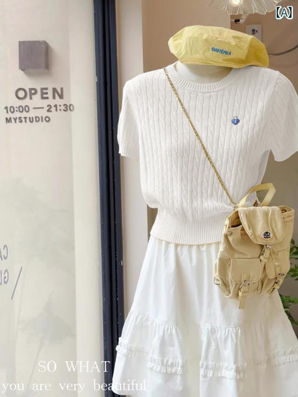 トップス 半袖 ニット 黄色の 刺繍入り ツイスト ラウンドネック ストレート ショルダー 半袖 Tシャツ ..