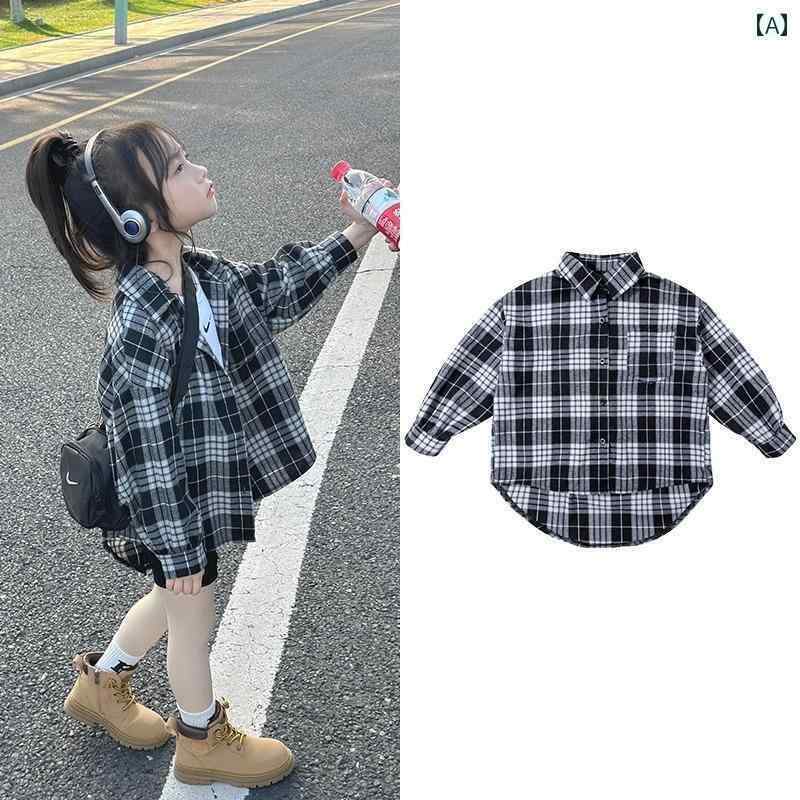 キッズ ブラウス 女の子用 女の子 シャツ 子供用 綿 2025 春秋 おしゃれな チェック 柄 ゆったり カジ..