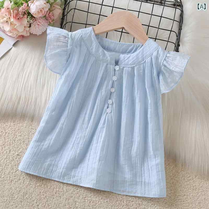 キッズ ブラウス 女の子用 女の子 フライング スリーブ シャツ 夏 2025 子供用 韓国 ベビー コットン ..