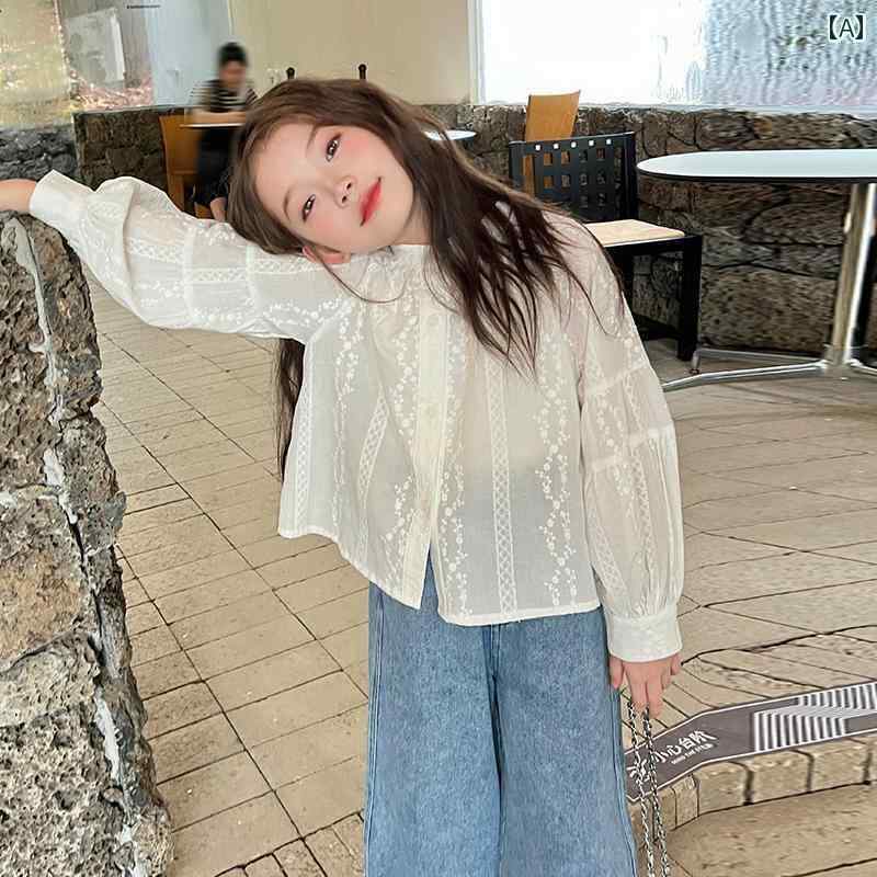 キッズ ブラウス 女の子用 ガーデニアの 成長 物語 子供服 女の子 ホワイト スプライシング パフスリーブ シャツ 春秋 子供用 ゆったり ウエスタンスタイル