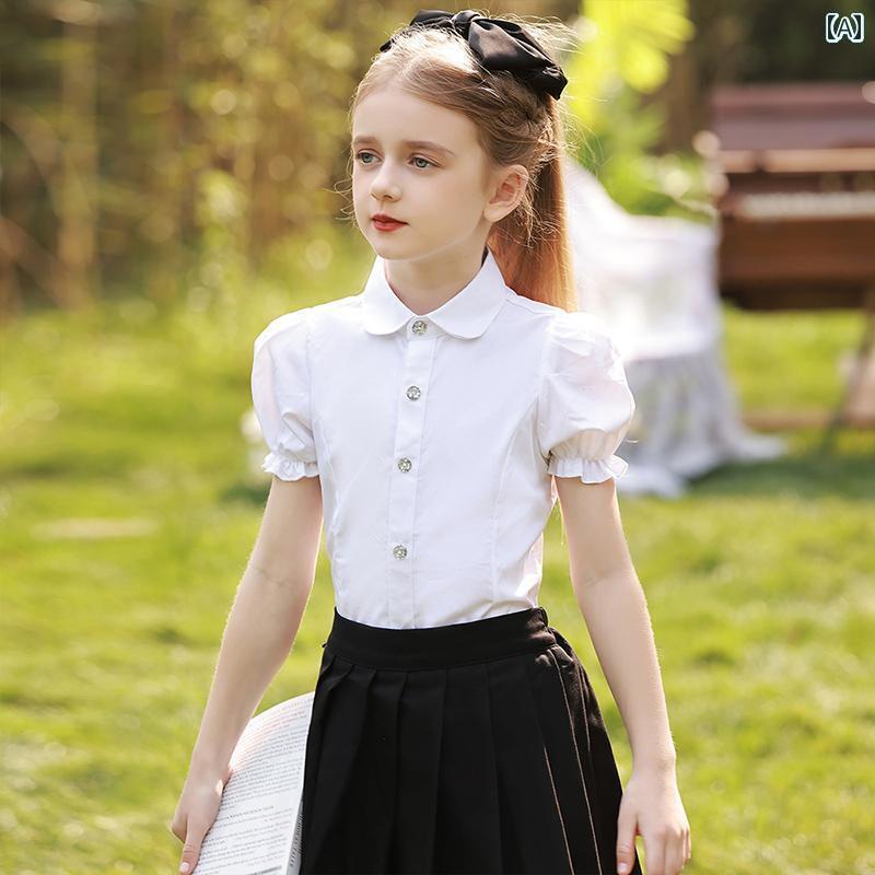 キッズ ブラウス 女の子用 ロモン 女子 カレッジ スタイル 半袖 パフスリーブ 白 シャツ 小学生 ショー スクール 制服 子供用