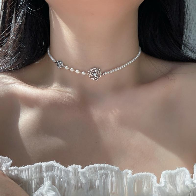 レディース チョーカー アクセサリー S925 スター リング シルバー フラワー パール チョーカー ネック..