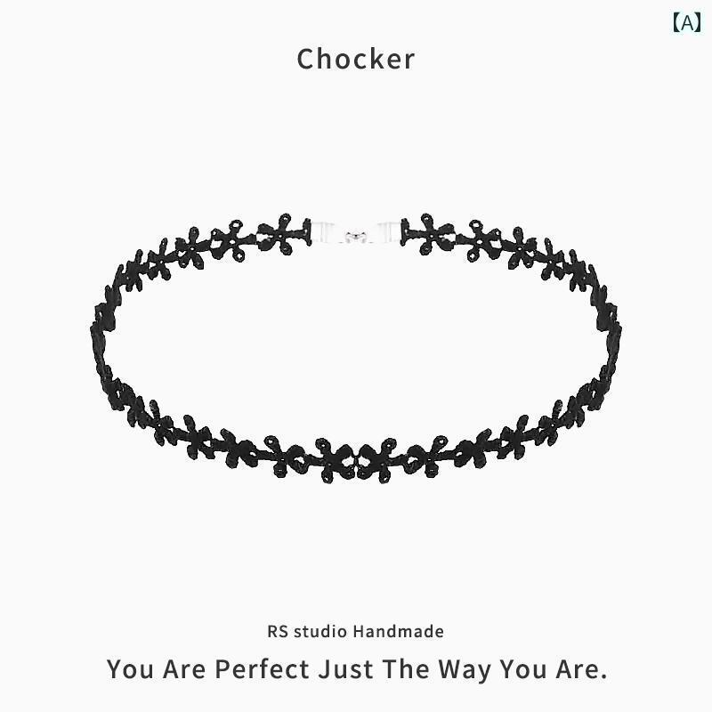 レディース チョーカー アクセサリー 黒と 白の シンプル レースの 小さい 花の ネックレス 女性用 2025年 毎日 使える 万能な ショート 鎖骨 チェーン チョーカー