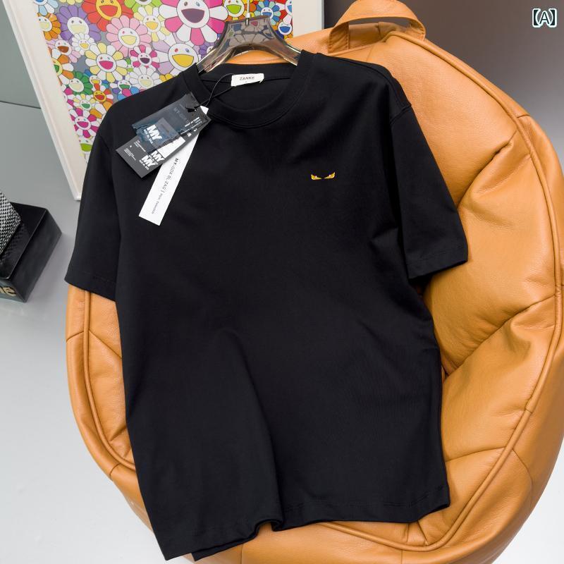 プリント Tシャツ メンズ ステーション 夏の メンズ 半袖 Tシャツ ヘビー コットン ハイエンド モンスター 悪魔の 目 刺繍 ブラック T