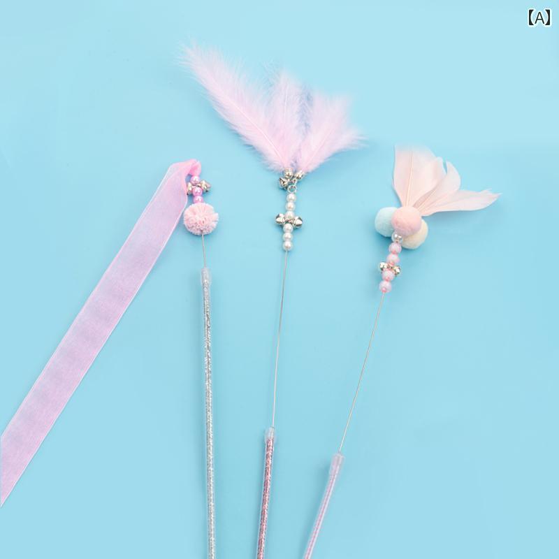 猫用 おもちゃ かわいい 猫じゃ らし スティック 猫の おもちゃ セルフ ハイ フェアリー ロング ポール 羽根 噛みつき 防止 ベル 猫 用品