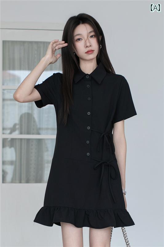 シャツワンピース ショート丈 かわいい フランスの 黒の 半袖 ドレス 2025 夏の 小さい 黒い シャツ 短い スカート 小柄な
