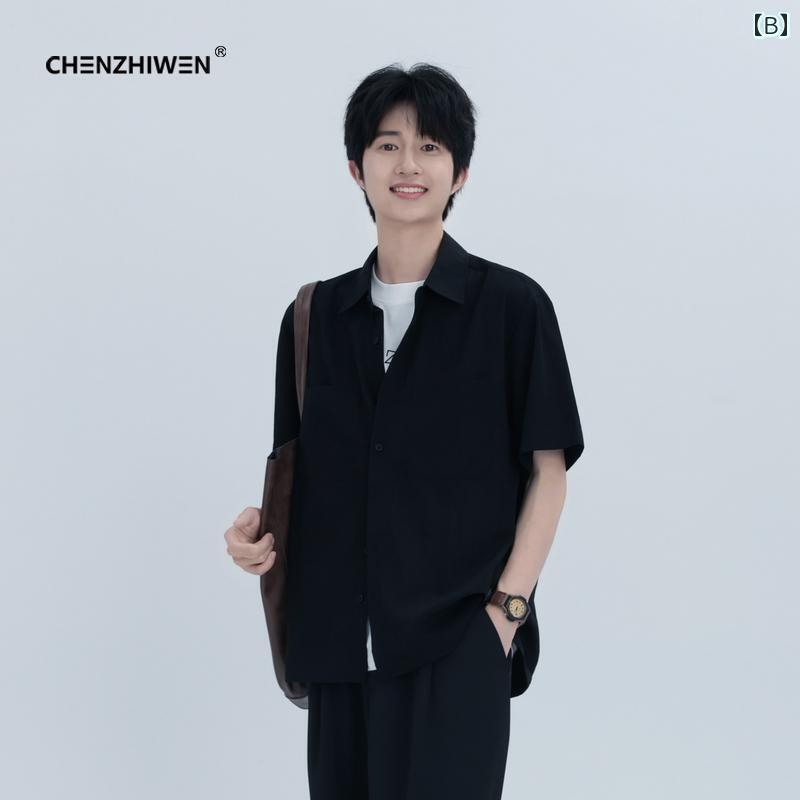 Yシャツ ワークシャツ　メンズ 陳 志 文の 夏の 高級 ウェア 通気性の ある ゆったり カジュアル 万能な 無地 半袖 シャツ トップス 男性用