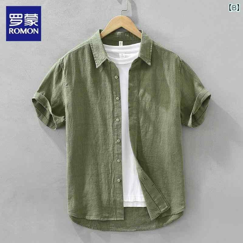 Yシャツ ワークシャツ　メンズ ロモン リネンシャツ メンズ 半袖 2025 夏 スタイル クール 通気性 レトロ コットンリネン ホワイト シャツ 服