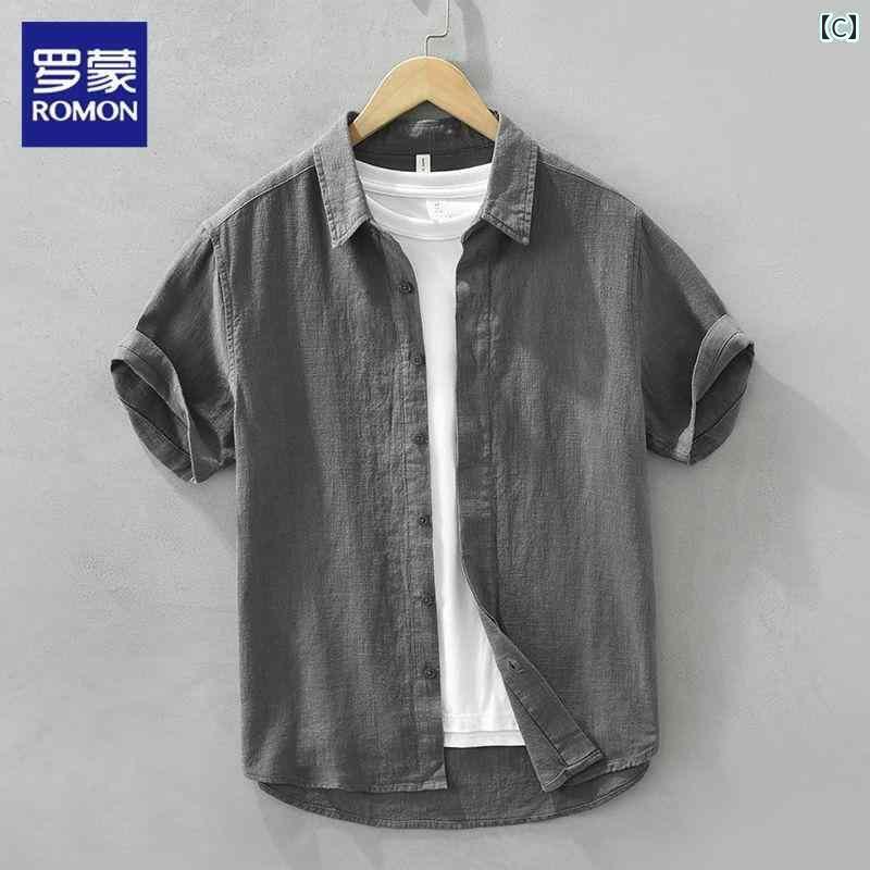 Yシャツ ワークシャツ　メンズ ロモン リネンシャツ メンズ 半袖 2025 夏 スタイル クール 通気性 レトロ コットンリネン ホワイト シャツ 服
