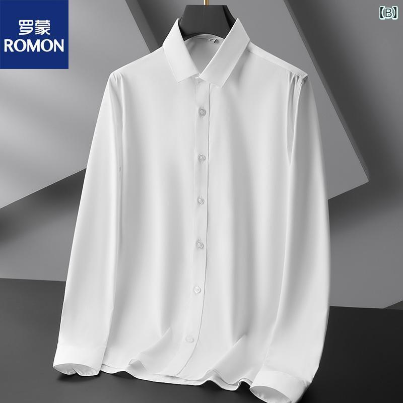 Yシャツ ワークシャツ　メンズ ロモン ブラック 長袖 シャツ メンズ 2025 春 ハイエンド ノンアイロン ウェディング カジュアル 半袖 ホワイト