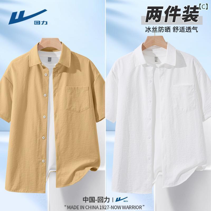 Yシャツ ワークシャツ　メンズ 戦士 メンズシャツ 半袖 カーキ ポロ カラー 2025 シャツ メンズ ハイエンド Tシャツ 夏 D