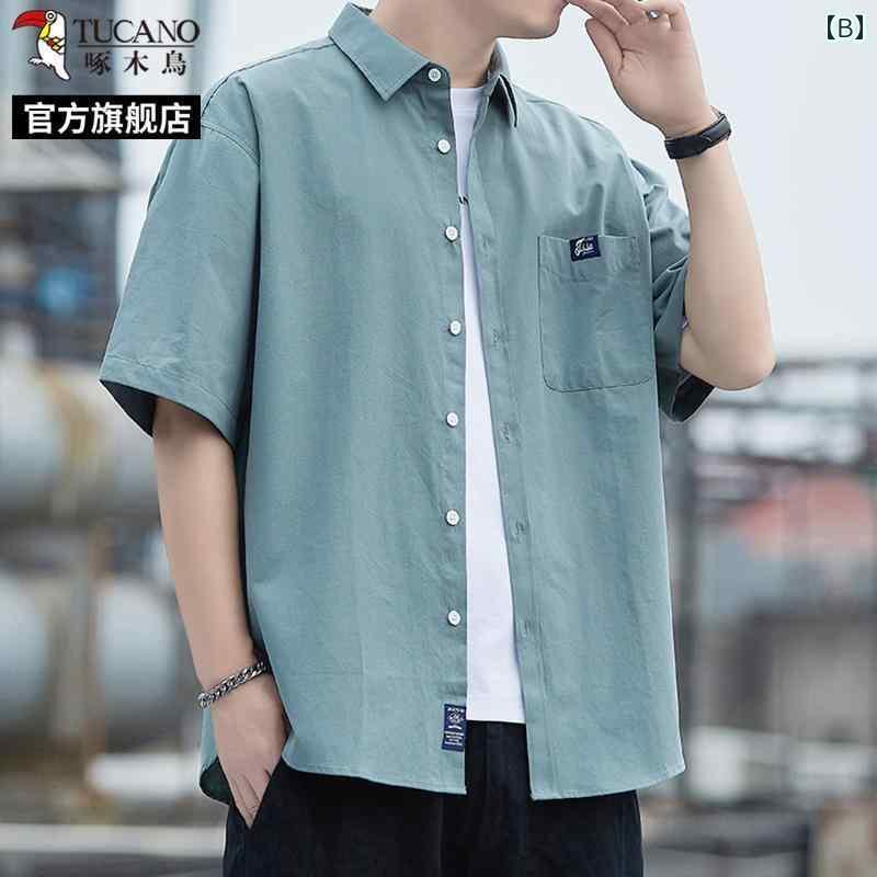 Yシャツ ワークシャツ　メンズ ウッドペッカー ヘビーウェイト コットンシャツ メンズ 半袖 夏 薄手 ゆったり カジュアル 万能 シャツ メンズスタイル C