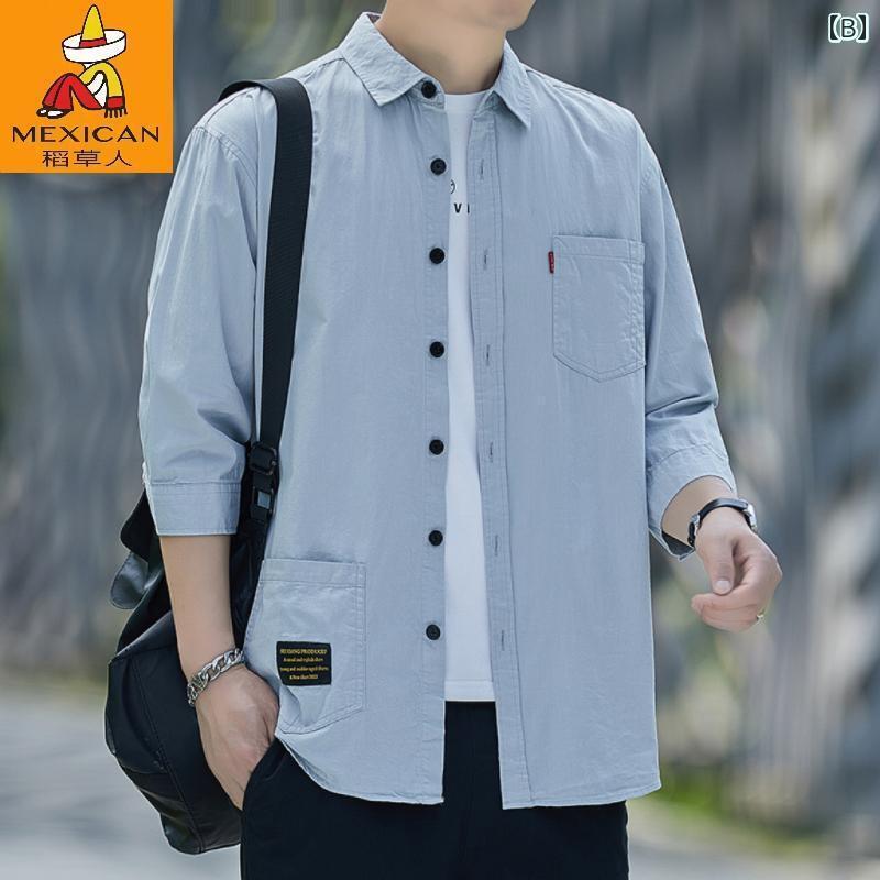 Yシャツ ワークシャツ　メンズ かかしの 高級 綿 ゆったり 夏 七分袖 シャツ メンズカジュアル ワークウェア 半袖 ミドル スリーブジャケット