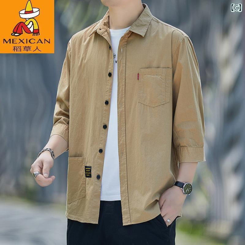 Yシャツ ワークシャツ　メンズ かかしの 高級 綿 ゆったり 夏 七分袖 シャツ メンズカジュアル ワークウェア 半袖 ミドル スリーブジャケット