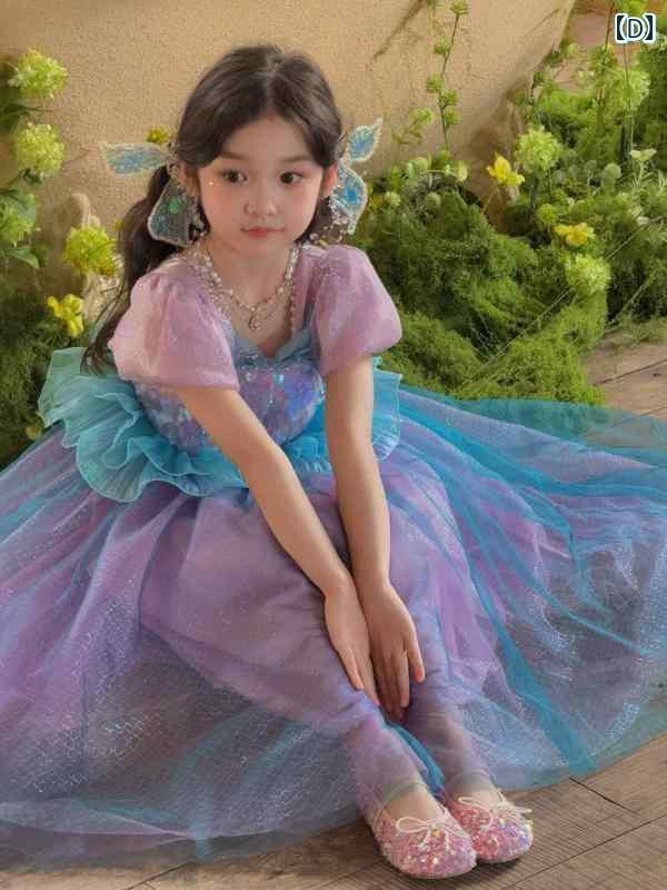 マーメイド キッズ用 マーメイドプリンセスドレス 春と 夏 カラフル マーメイドプリンセス スパンコール キラキラ パフスリーブ チュチュ スカート 子供の 日 誕生日 ドレス