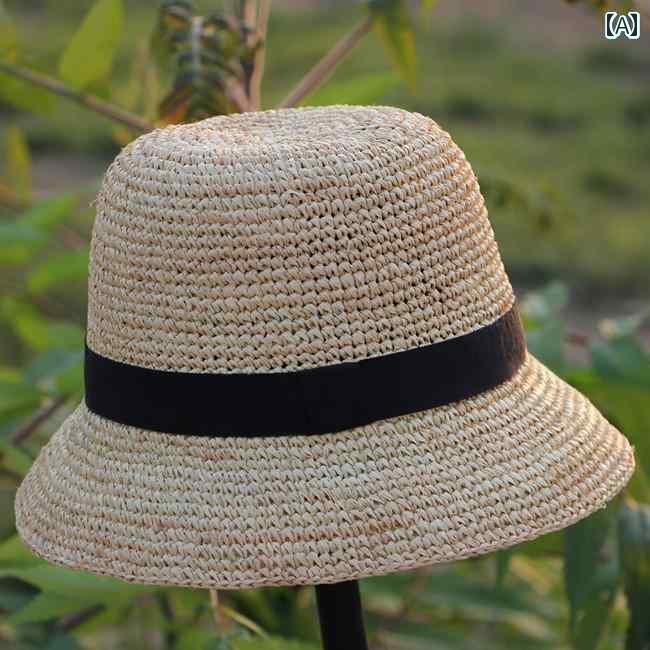 キッズ かわいい 麦わら帽子 子供用 帽子 夏用 ユニセックス ラフィア かぎ 針 編み 親子 折りたたみ ..