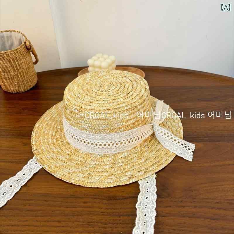 キッズ かわいい 麦わら帽子 韓国 夏の サンハット 子供用 麦わら 帽子 レース ストラップ 女の子用 ビ..