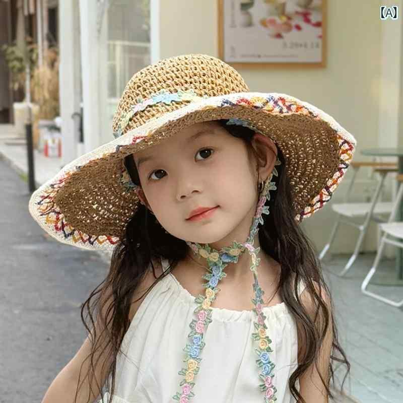 キッズ かわいい 麦わら帽子 女性用 子供用 帽子 2025年 女の子用 旅行用 麦わら つばの 大きい 日よけ..