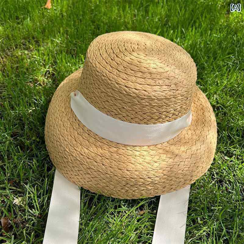 キッズ かわいい 麦わら帽子 子供用 ネクタイ 麦わら 帽子 女性用 フレンチ レトロ サンハット ベビー..