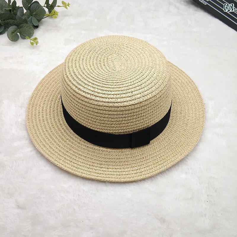 キッズ かわいい 麦わら帽子 ベビー サンハット 子供用 フラット トップハット 麦わら 帽子 男の子と ..