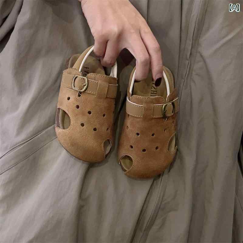 Slip-On - 快適 キッズ用 シューズ 子供用 革 サンダル 韓国 ベビー シューズ 女の子用 幼児用 木製 ソール ソフト ボトム つま先 閉じ 男の子用 ビーチ カジュアル