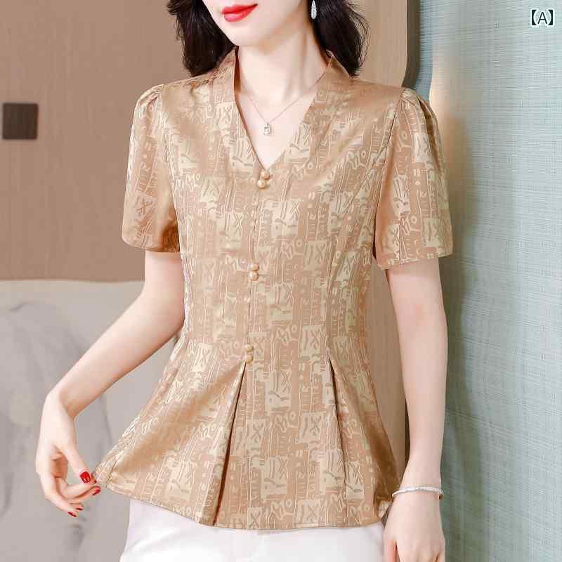 シンプル ブラウス 半袖 ハイエンド 軽い 高級 冷感 サテン 半袖 シャツ レディース 夏 スタイル ウエスト 痩せ Vネック マザー トップ