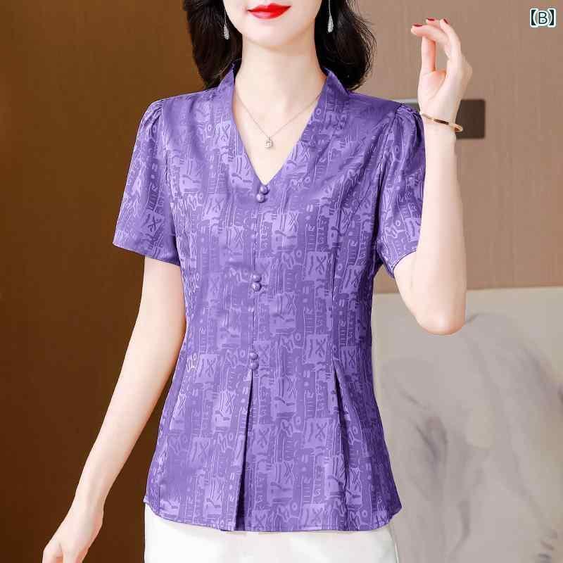 シンプル ブラウス 半袖 ハイエンド 軽い 高級 冷感 サテン 半袖 シャツ レディース 夏 スタイル ウエスト 痩せ Vネック マザー トップ