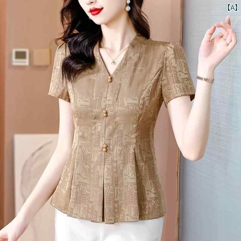 シンプル ブラウス 半袖 女性用 アセテート サテン 半袖 シャツ ママ用 Vネックトップス ウエストに フィット お腹を カバー スリミング 年齢を 感じさせにくい 夏用 小さめ