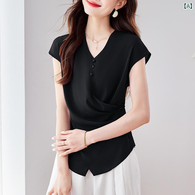 シンプル ブラウス 半袖 ファッション ウエスト Vネック 半袖 シフォンシャツ レディース 夏 スタイル スリム シャツ 風 不規則 トップ