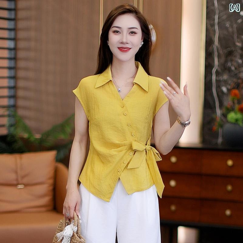 シック ブラウス 半袖 不規則な ボタン タイ ウエスト 半袖 シャツ レディース 夏 ファッション ハイウエスト ワイド レッグ パンツ ウエスタン ツーピース スーツ