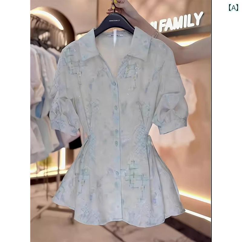 シンプル ブラウス 半袖 女性用 半袖 シャツ 2025夏の ホット スタイル ウエスト 年齢を 減らす のの トップス