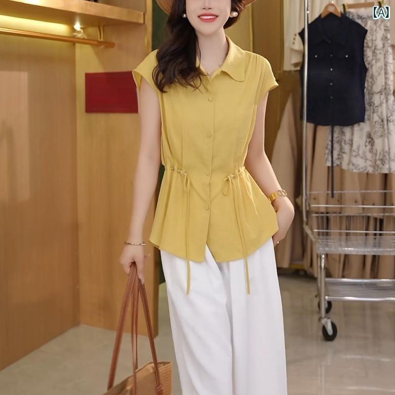 シック ブラウス 半袖 2025夏の ウエスト ブラウス トップス レディースな 無地 スリム 半袖 シャツ