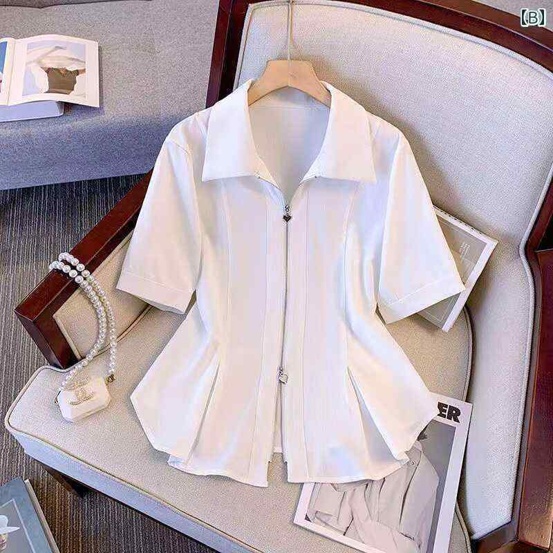 シック ブラウス 半袖 大きいサイズ ダブル ヘッド ジッパー スクエアネック ストレート ショルダー 半袖 トップス レディース 夏 ミリ ハイエンド スリム ウエスト シャツ