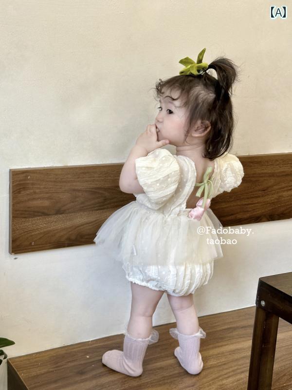 かわいい ドレス ベビー ベビー ガールズ プリンセス ボディスーツ 夏服 パフスリーブ レース 花柄 メッシュ カバー おなら ハ ドレス 登山