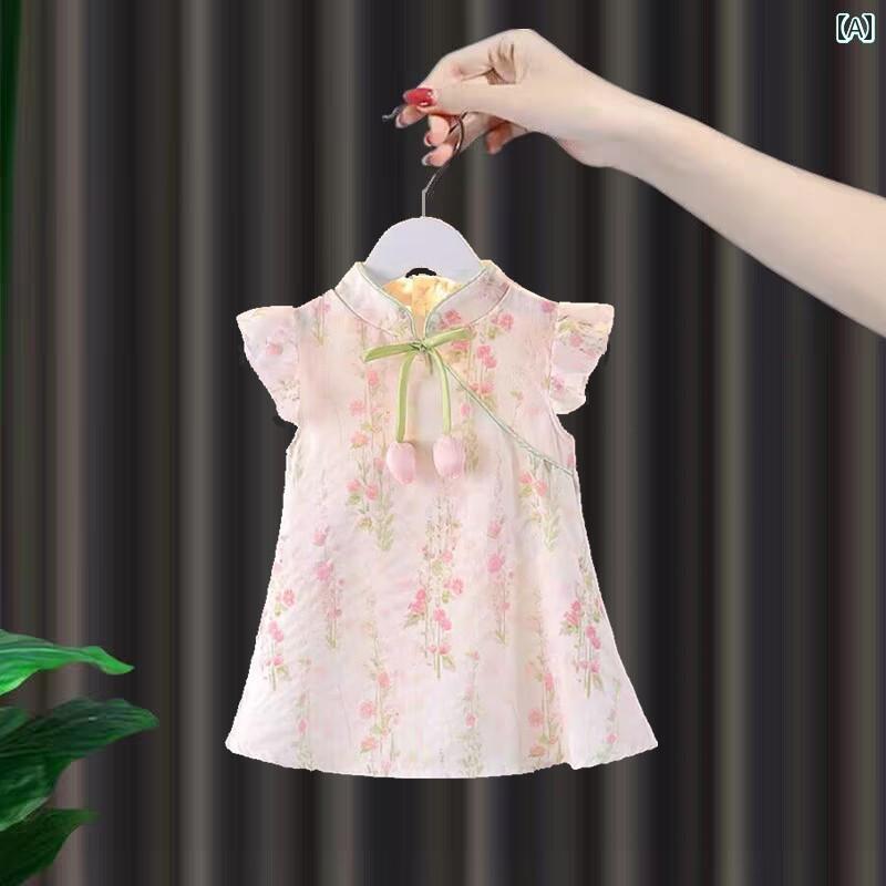 かわいい ドレス ベビー 夏の 薄手 スタイリッシュな 子供用 スカート 女の子 花柄 チャイナ ドレス プ..