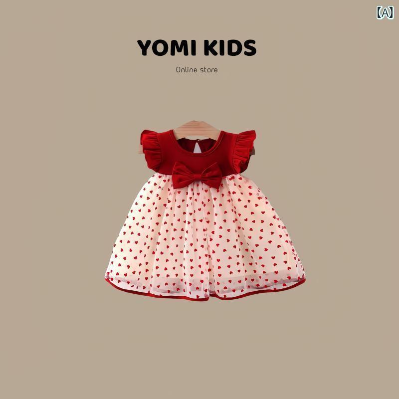 かわいい ドレス ベビー 女児 サマー ドレス ベビー スカート 1歳 幼児用 小さめ フライング スリーブ ラブ メッシュ プリンセス