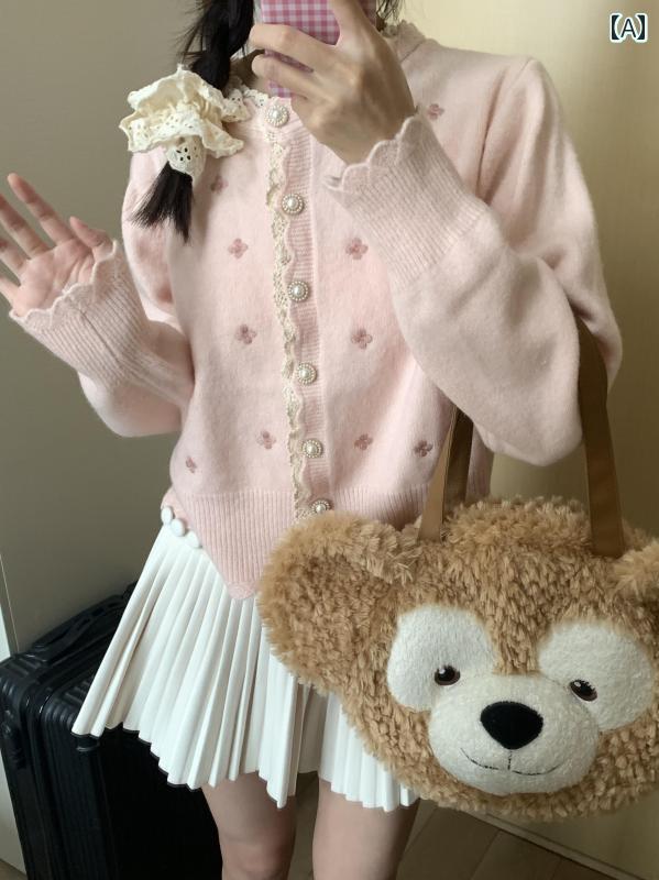 ピンク ニットカーディガン ピンクの スイート レース トリム セーター カーディガン レディース 2025 ..