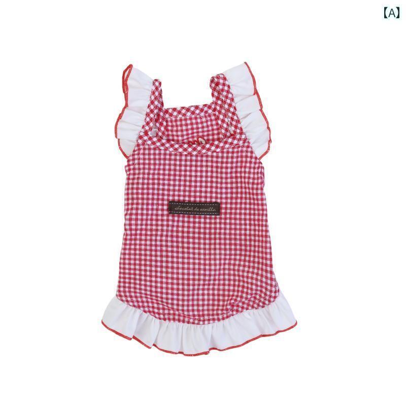 小型犬用 ドレス かわいい 春夏 ペット 服 猫 犬 フライング スリーブ シャツ ストライプ ドレス 赤と ..