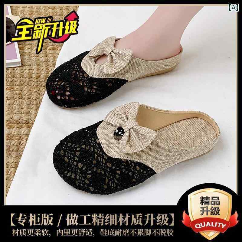 ミュール サンダル レディース リネンの 通気性の ある つま先 閉じた ハーフ スリッパ 女性用 夏 アウトドアウェア レース メッシュ ワン ステップ フラット ミュール サンダル