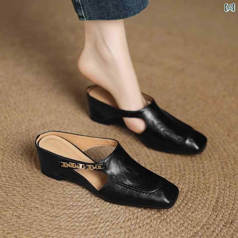 ミュール サンダル レディース フランス製の 高級 つま先 スリッポン ハーフ スリッパ 女性用 夏用 アウトドア用 身長 アップ 効果の ある ミュール 革 サンダル