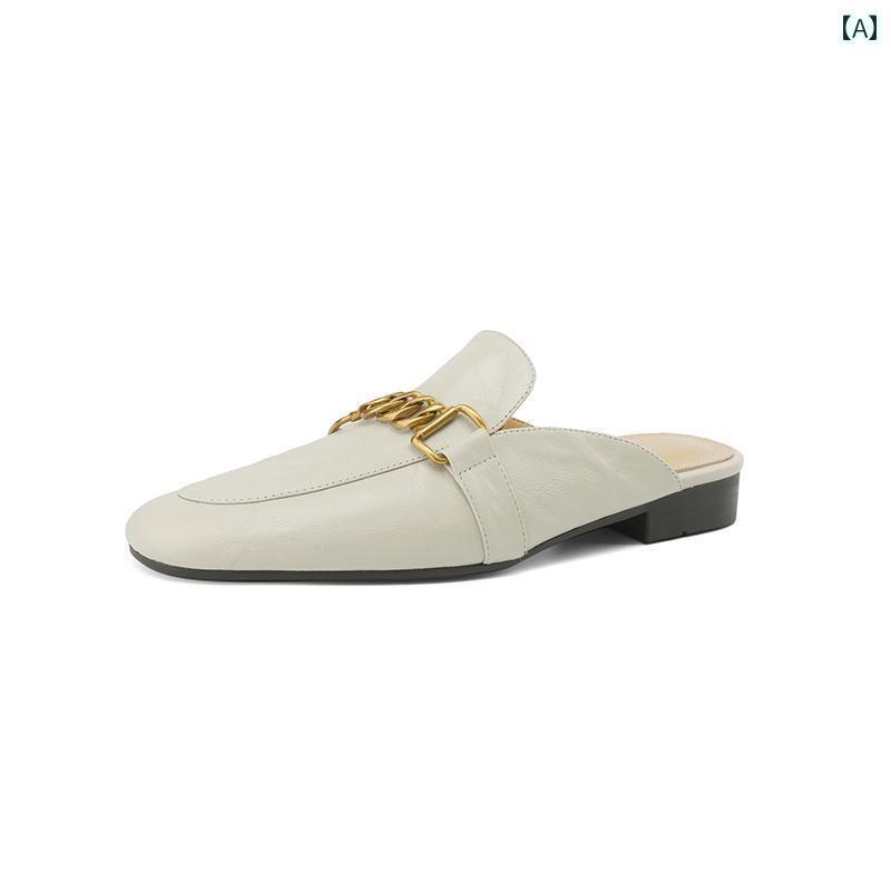 ミュール サンダル レディース 高級 版 革 欧米風 レトロ メタル ローヒール ミュール つま先 閉じ スリッパ レディース 夏 アウトドア ハーフ 大きいサイズ 41