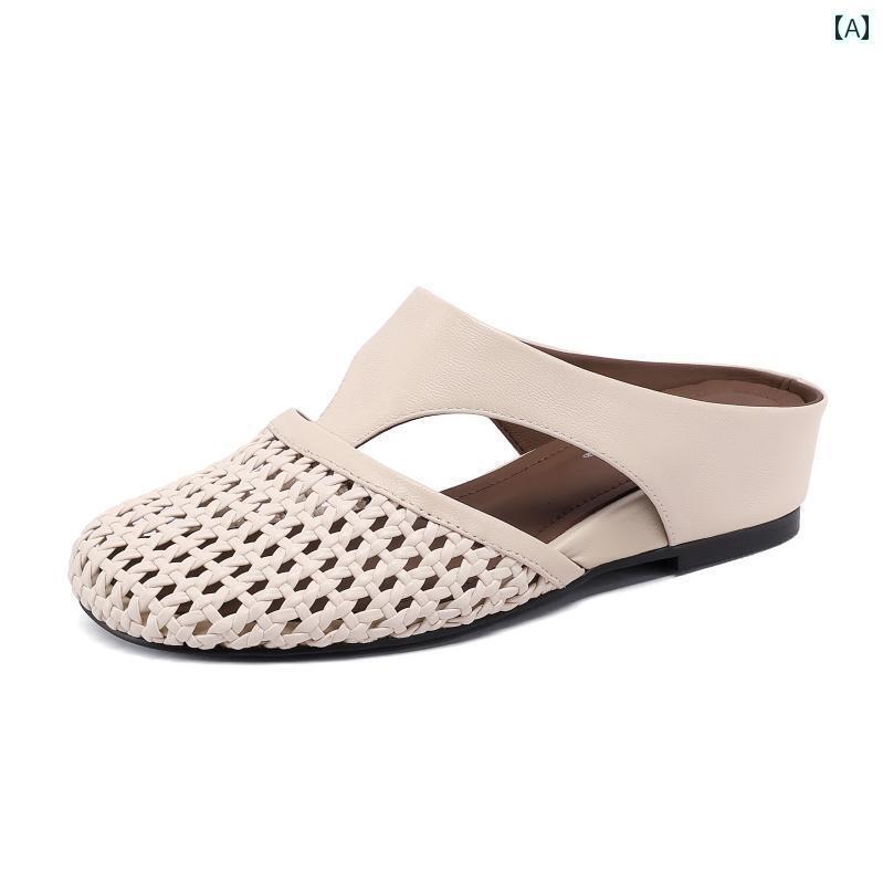 ミュール サンダル レディース シープスキン 夏の レディース 靴 シンプルの 織り フラット ミュール つま先 ハーフ スリップ サンダル 女性