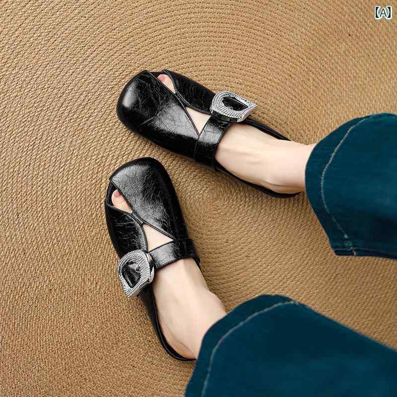 ミュール サンダル レディース フランス製 レザーの スクエアバックル ラウンド ヘッド ローヒール クローズド スリッパ レディース 春夏向け 美しい フラットボトム ハーフ スリップ ミュール