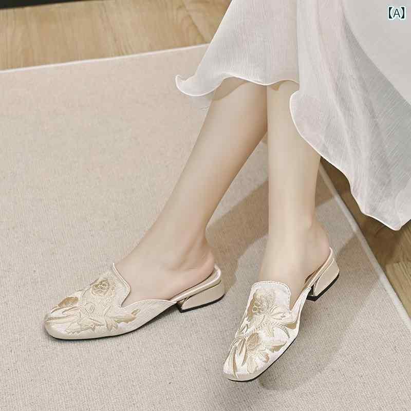 ミュール レディース 上品 包 頭 ハーフ スリッパ 女性用 夏用 ミドル ヒール アウトドアウェア チャイナ風 刺繍入り レディースシューズ な ミュール 厚底 サンダル