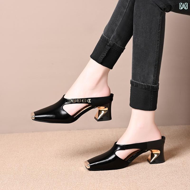 ミュール レディース 上品 金属製の 鉄製の ヘッドの 夏の スクエアトゥの ハーフ スリッパ 女性用 ア..