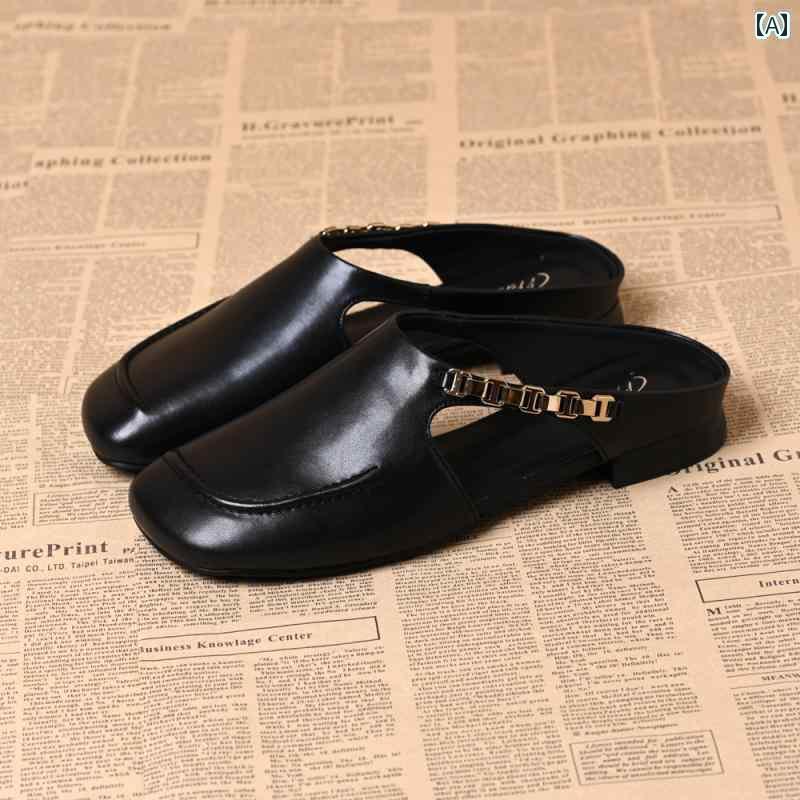 ミュール サンダル レディース 2025 春夏 女性用 メタルチェーン ハーフ スリッパ スクエアトゥ フラットボトム ソフトレザー ミュール シューズ