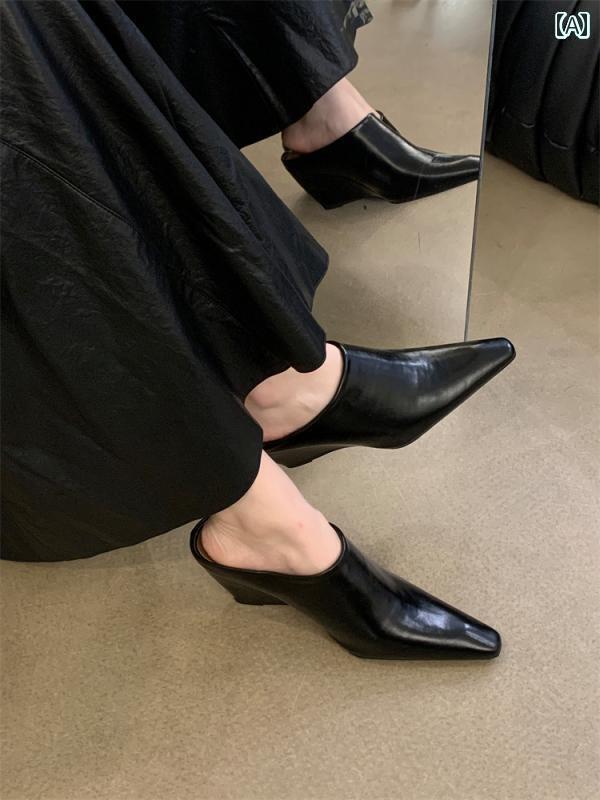 ミュール サンダル レディース と アメリカ 女性用 つま先 閉じ ハーフ スリッパ ソフトレザー 小さい スクエアトゥ ウェッジ ヒール ハイヒール サンダル な アウターウェア 厚 ミュール