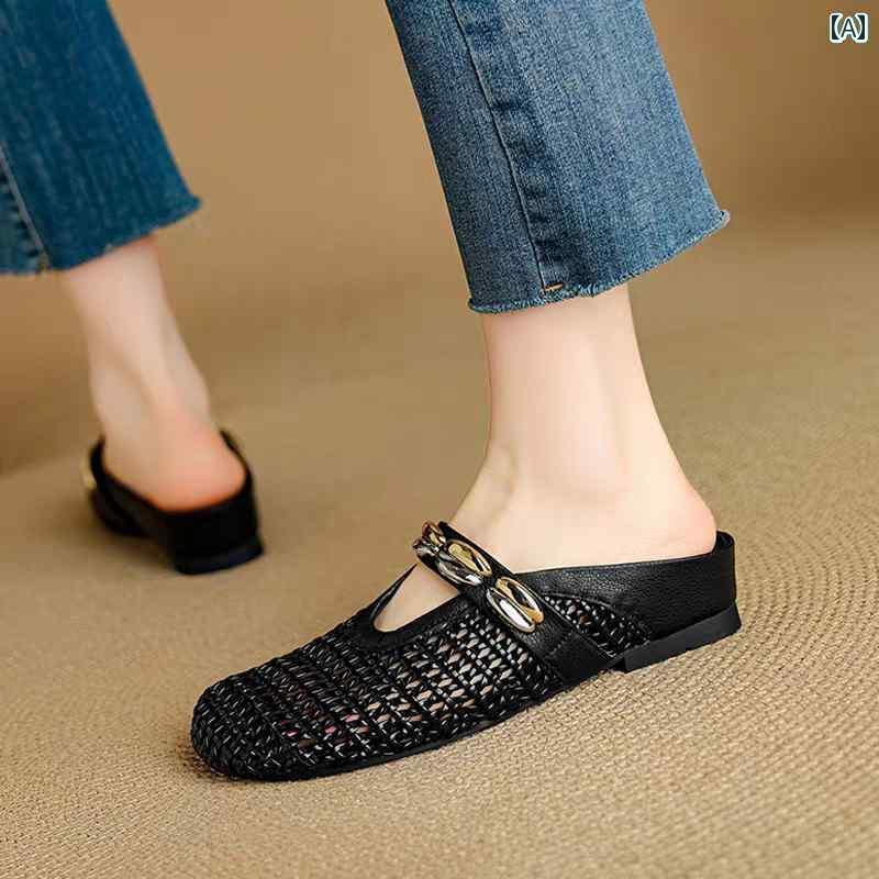 ミュール サンダル レディース 2025年 牛革 穴 靴 シルバー トゥ サンダル レディース 夏 アウトドア ファッション ハーフ スリッパ ミュール