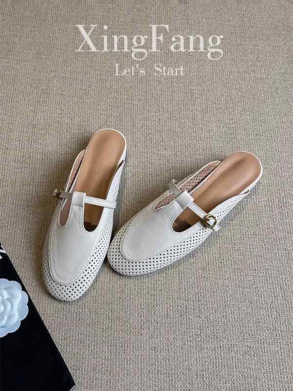 ミュール サンダル レディース 牛革 女性用 くり抜き ハーフ スリッパ 夏の 通気性 ホール シューズ アウトドア フラットソール ミュール サンダル